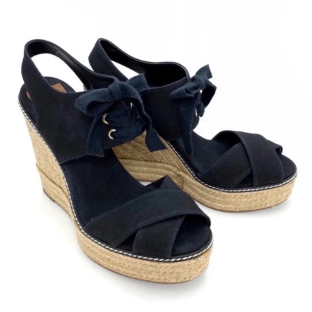 TORY Burch Cross Strap Canvas Ankle Lace up Espadrilles Wedge Sandal Black Sz 10